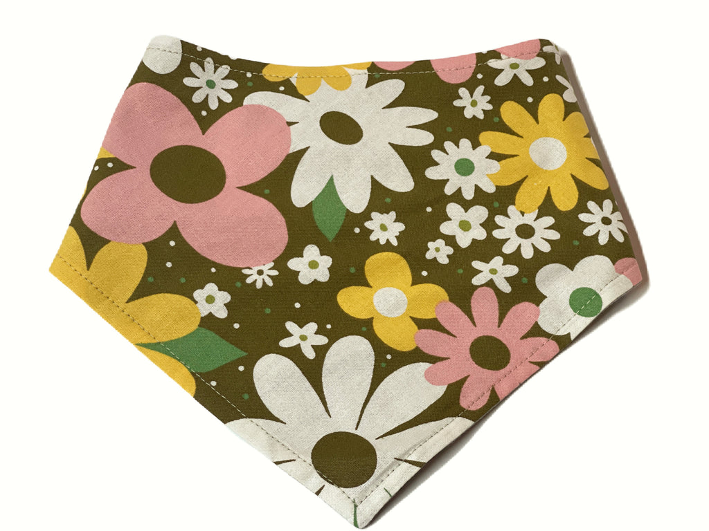 olive green with white, yellow and pink 70s inspired flowers handmade in the usa