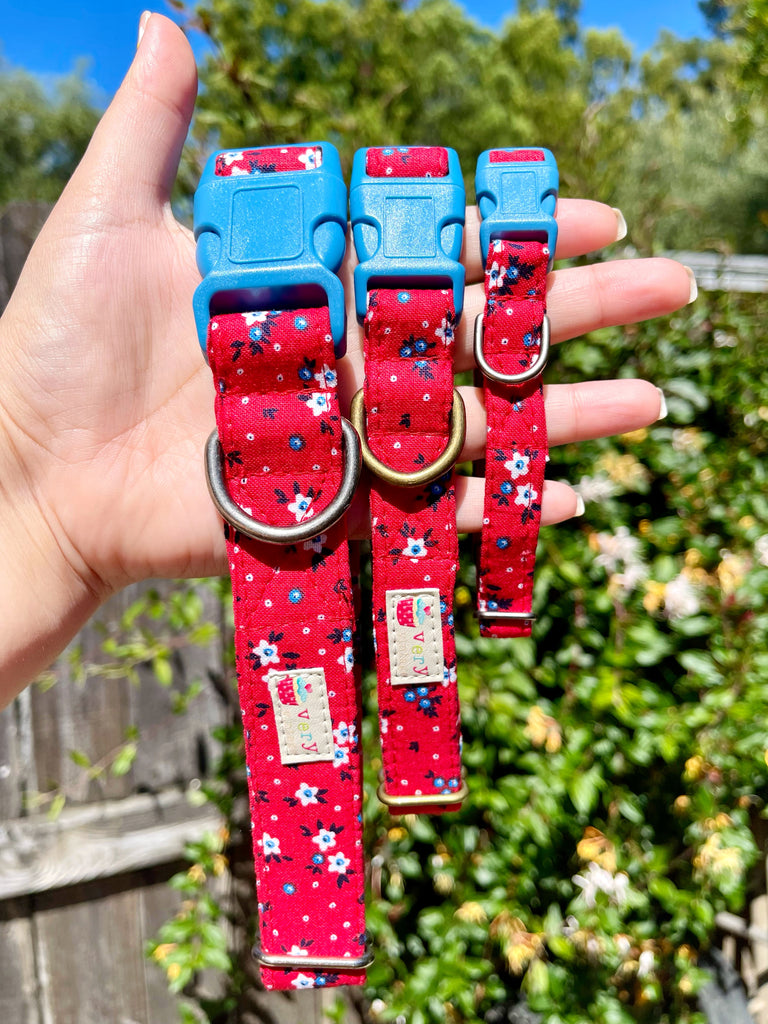 bright red with white and blue mini flowers dog and cat collars that are handmade in the USA