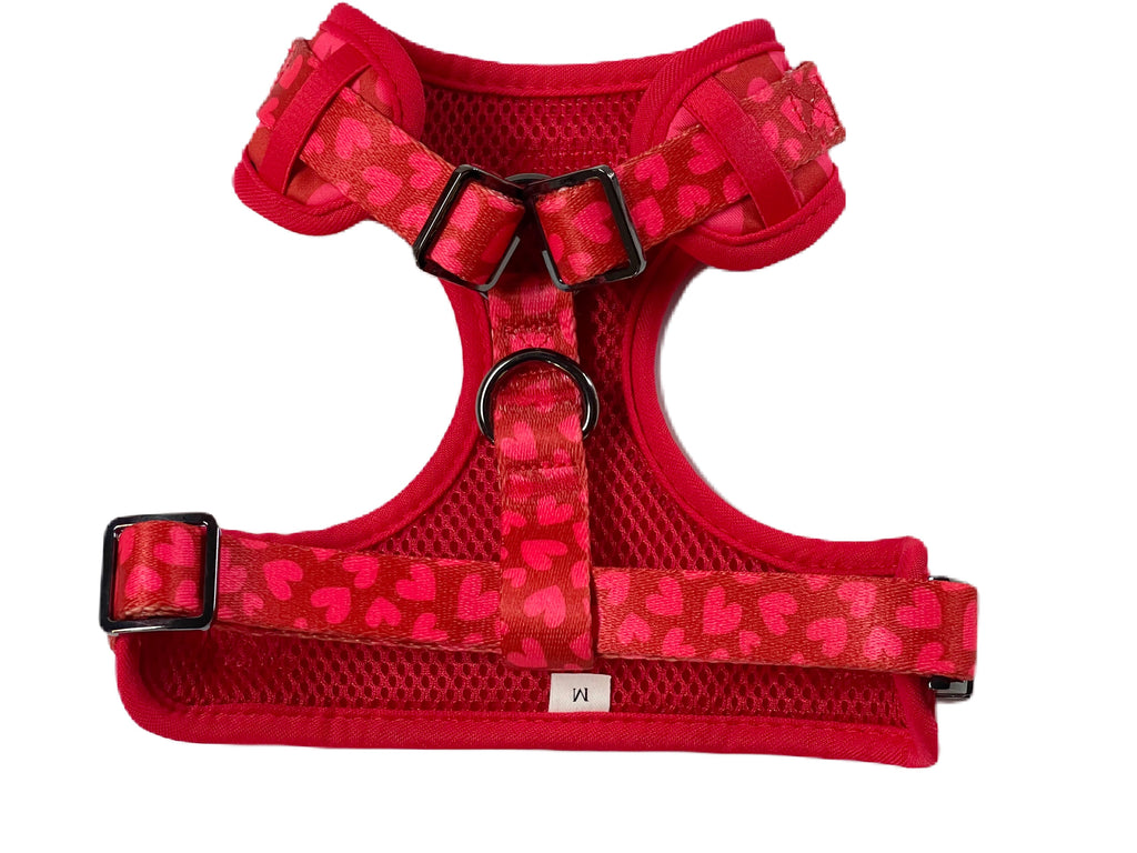 back of red heart adjustable dog harness with metal sliders, buckle and d rings