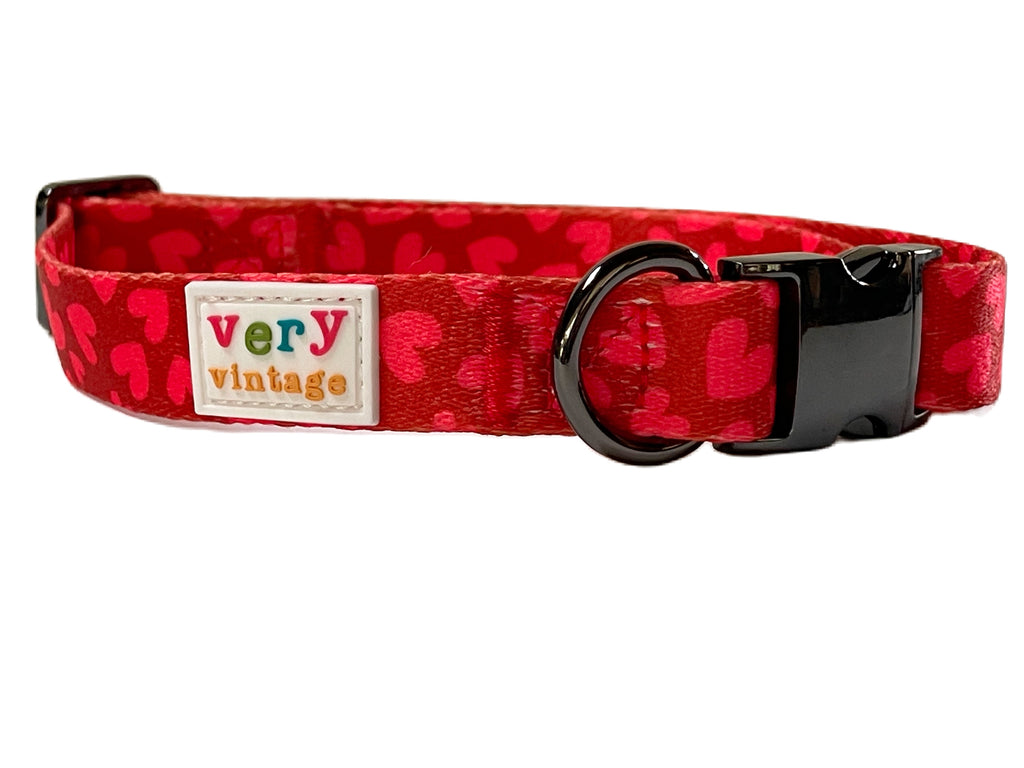 eco-friendly red heart dog collar with gunmetal finish metal hardware and buckle closure