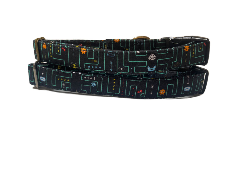 back of organic cotton dog and cat collars with fun pacman inspired print