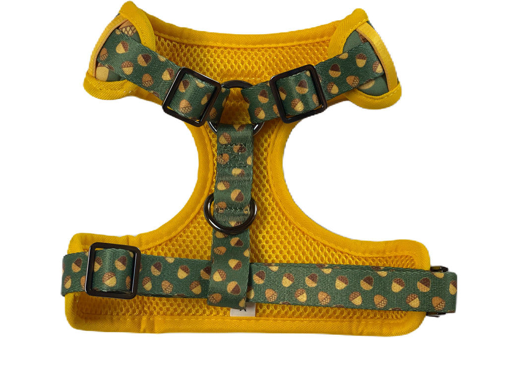 back of adjustable dog harness vest with acorns and metal hardware