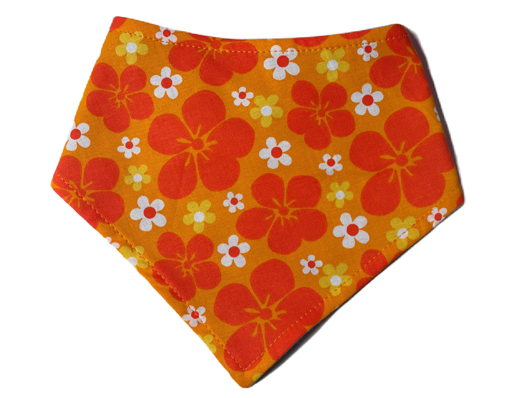bright orange with yellow, white and dark orange Hawaiian plumeria flowers organic cotton bandana for dogs and cats