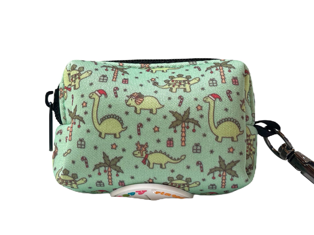 light green with Christmas dinosaurs with Santa hats and palm trees dog waste bag holder