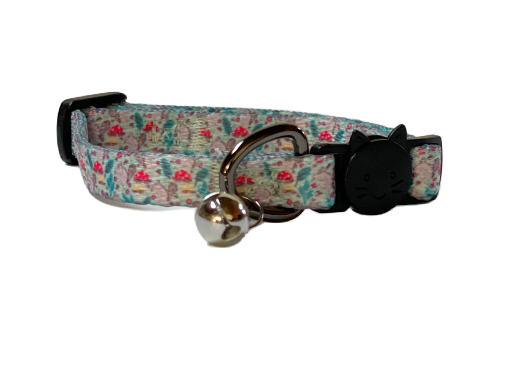 breakaway safety cat collar with fall gray squirrels and mushrooms pattern and gunmetal d ring and bell
