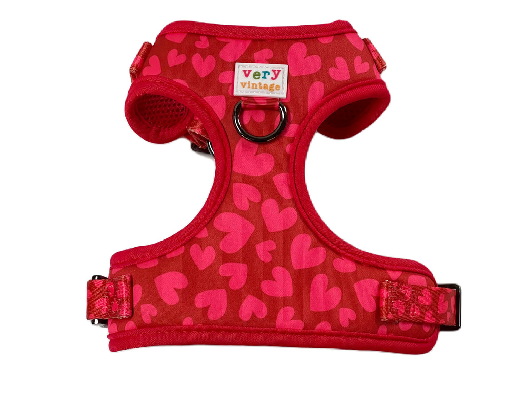 red with lighter red tossed hearts puppy dog harness with gunmetal hardware