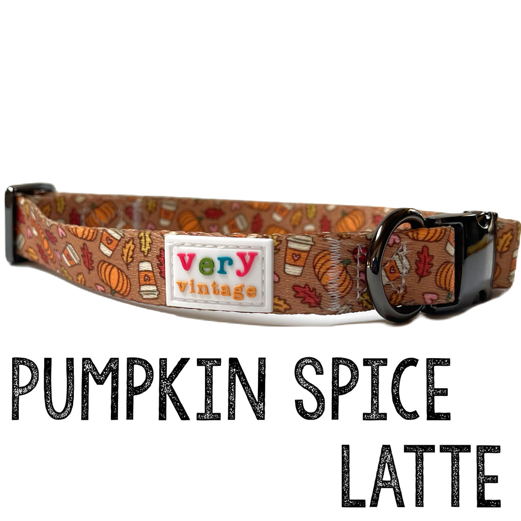 light brown with coffee cups, pumpkins and fall leaves handmade eco-friendly dog collar