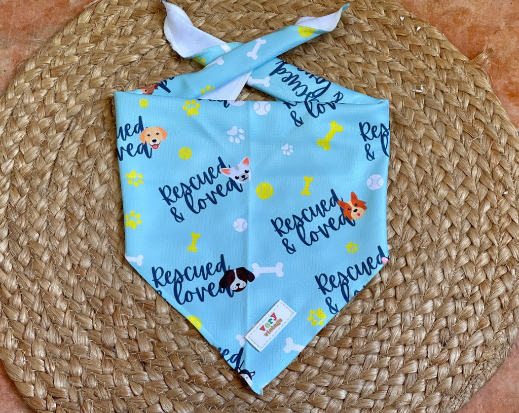 light blue with dog heads, tennis balls, bones and rescued and loved pattern pet bandana