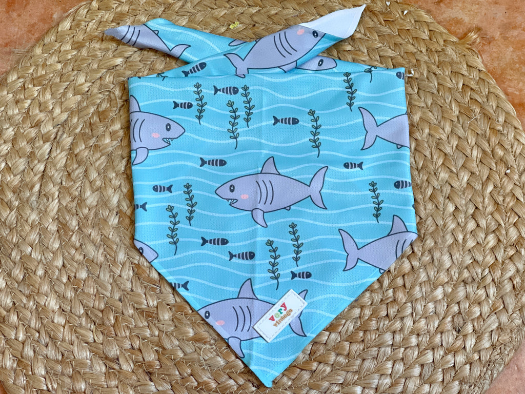 light blue with fish and gray sharks mesh cooling dog bandana