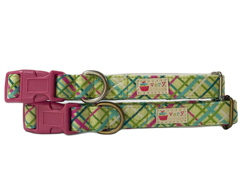 lime green, teal, white and dark pink plaid tartan collar for dogs and cats