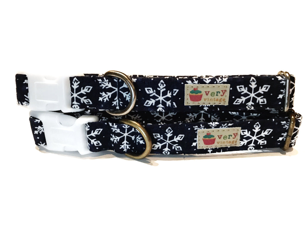 Navy blue with white snowflakes winter collar for a dog or cat