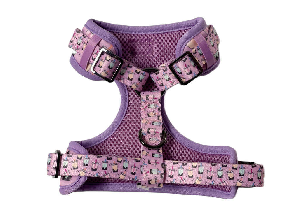back of the purple mesh adjustable and durable harness vest for dogs