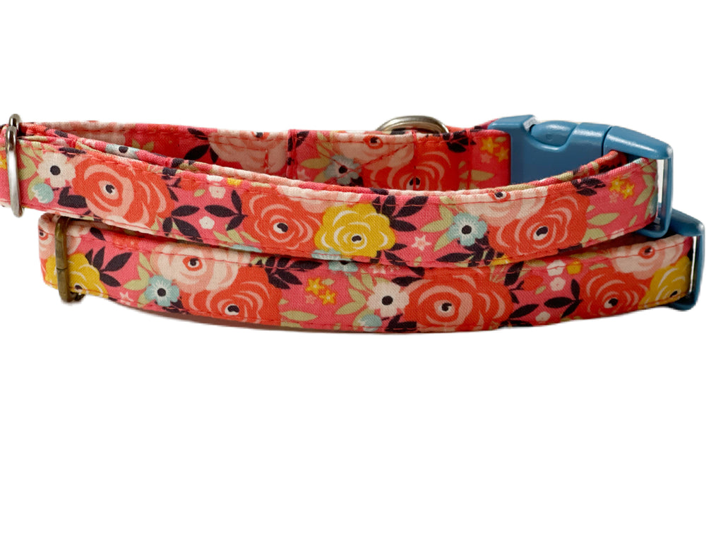 coral pink flower dog and cat collar with roses and flowers