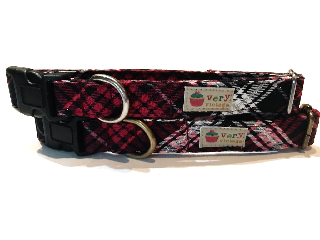 Black red white silver plaid collar for a dog or cat