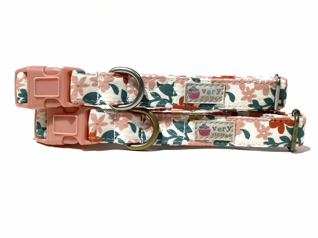 cream with coral and salmon flowers organic cotton dog collar