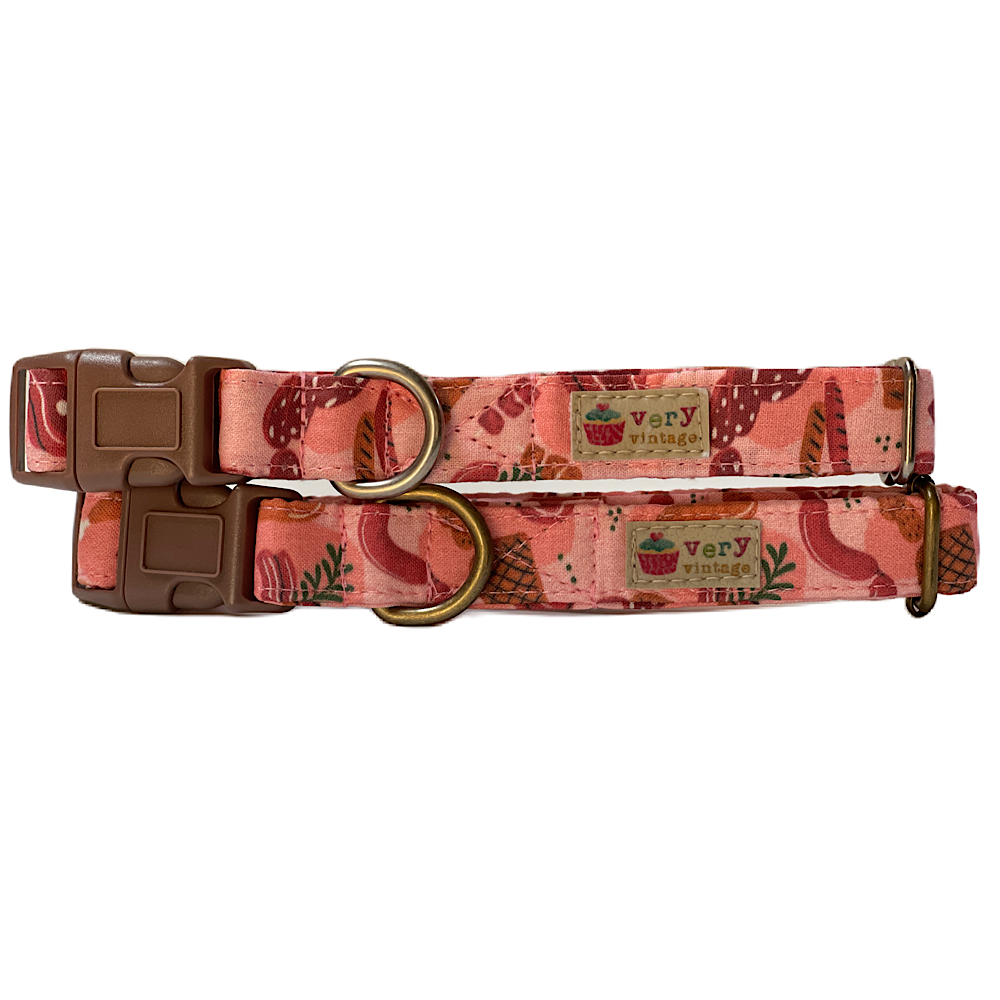 salmon pink with sausages, steaks, burgers and meats collar for a dog