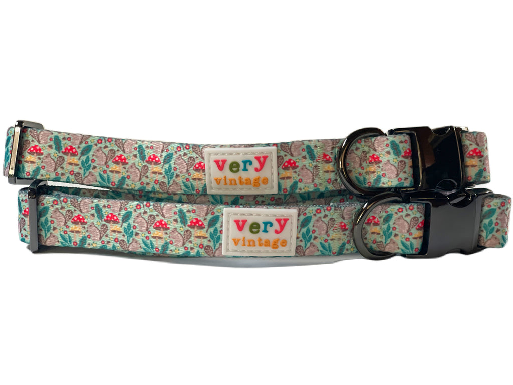 eco-friendly dog collar with a green squirrel and red and yellow mushroom pattern