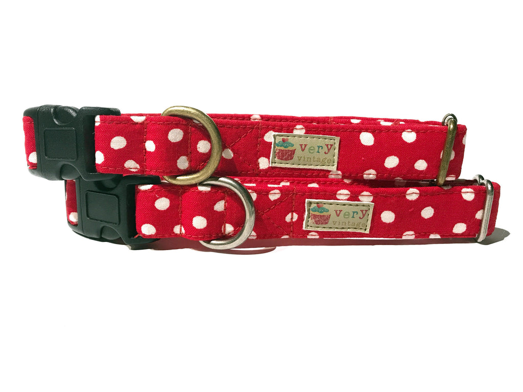 red and white polka dot organic cotton collar for dog and cat