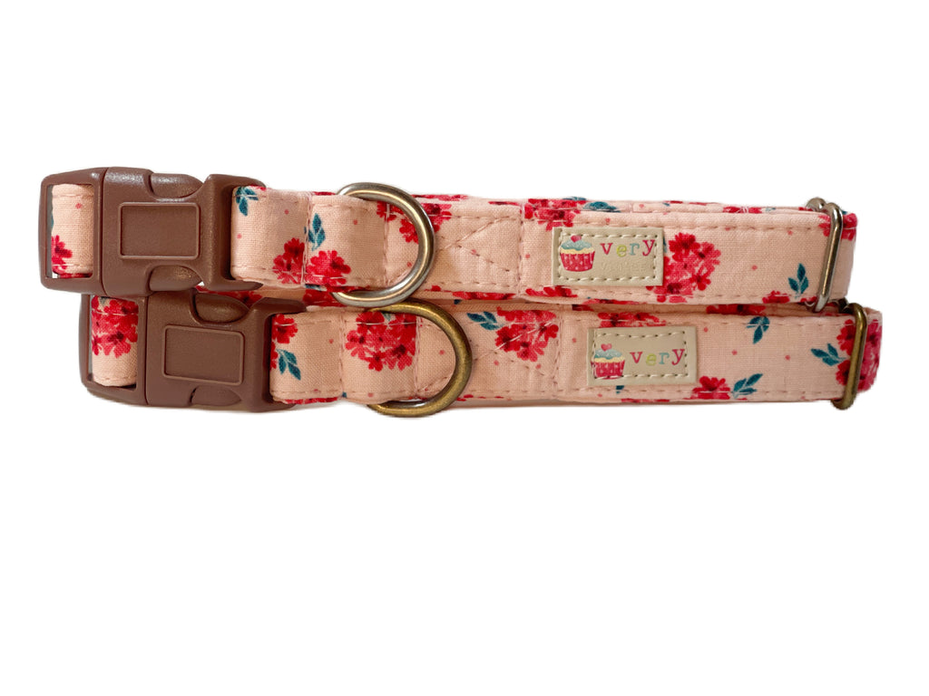 light pink with reddish pink flower bunches organic cotton dog and cat collars that are handmade with love in California
