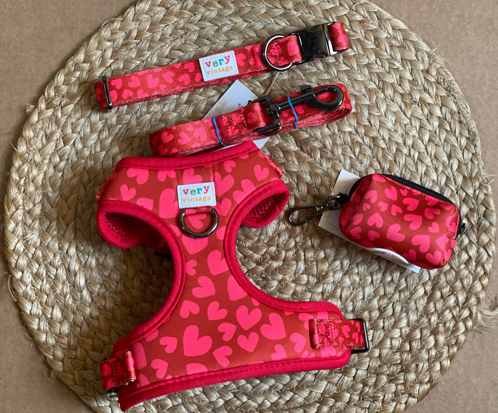 eco-friendly red heart dog harness, collar, leash and poop bag bundle set 