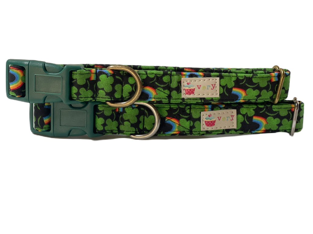 black with green shamrocks and rainbows pattern organic cotton dog and cat collars