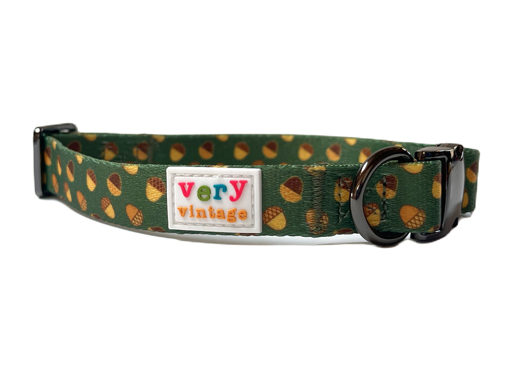 hunter green with brown acorn dog collar with metal hardware