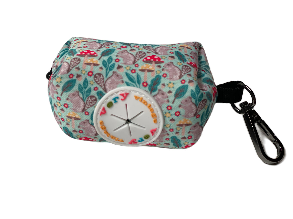 mint green with gray squirrels and mushrooms pattern poop bag holder leash accessories
