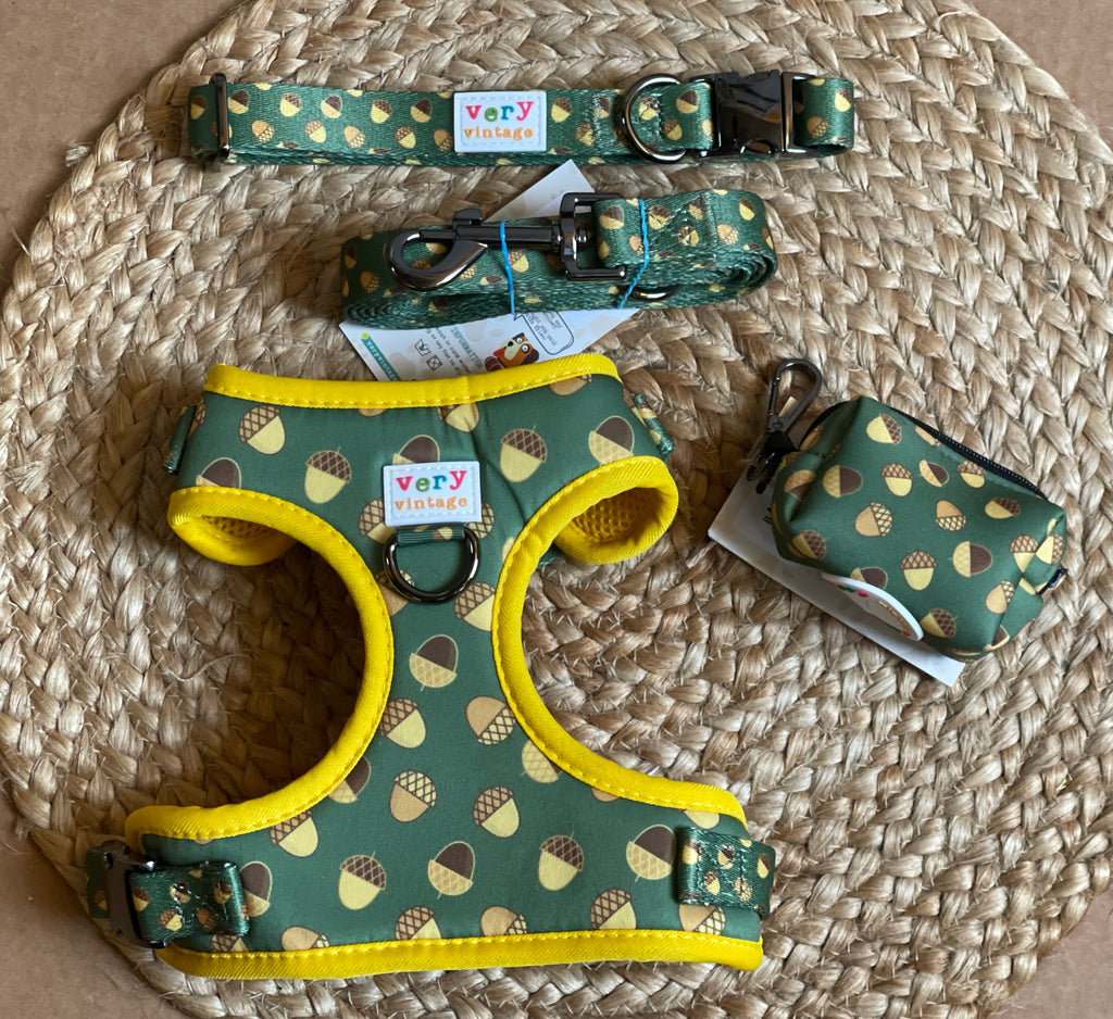 dark green with brown acorns adjustable dog harness, dog collar, leash and poop bag holder bundle