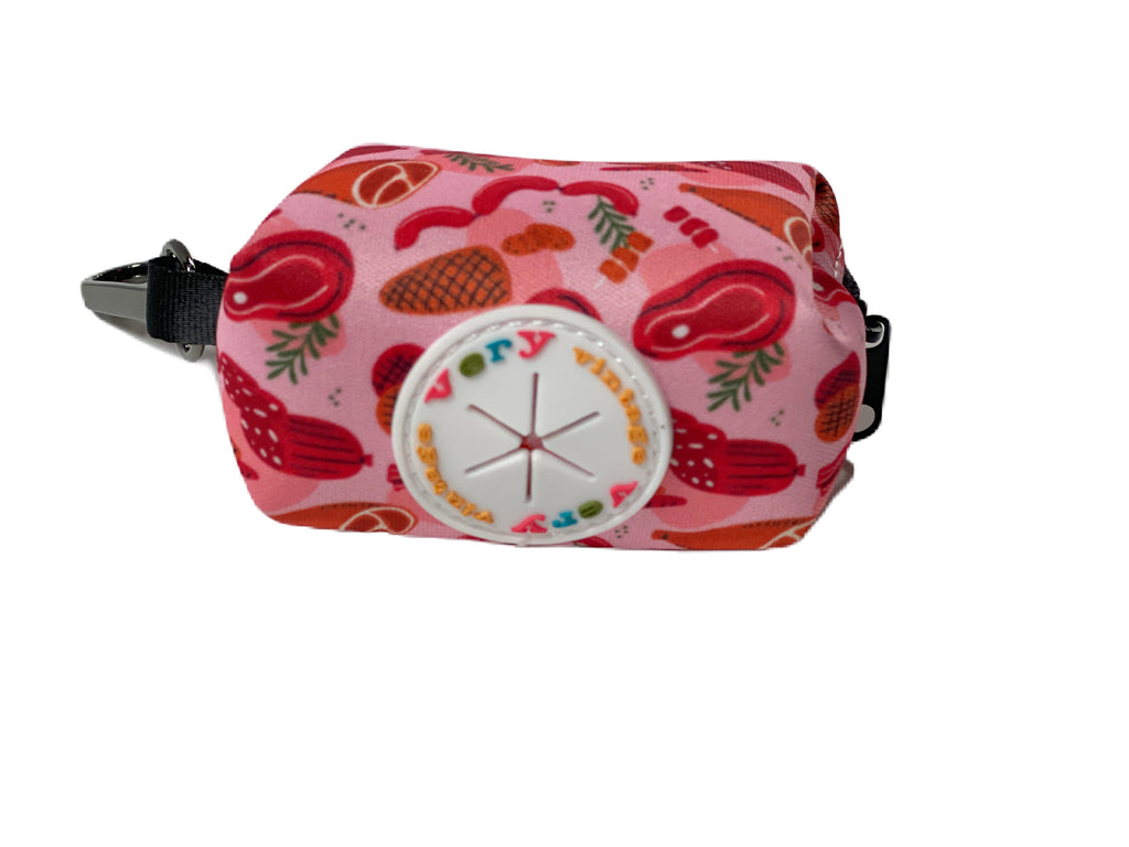 light red with a variety of different meats dog poop bag holder for walkies