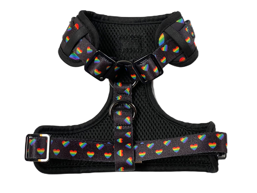 black adjustable dog harness vest with rainbow hearts and LGBTQ pride