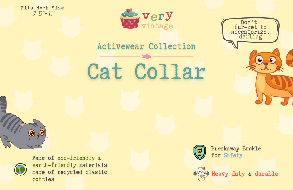 a sample of our adorable cat collar packaging with a yellow background and cat heads and cats talking about the safety of the cat collars