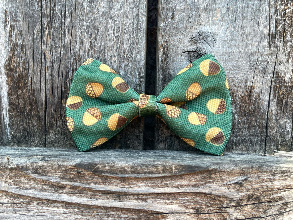 hunter green with brown acorns pattern dog bowtie for fall or autumn styling.