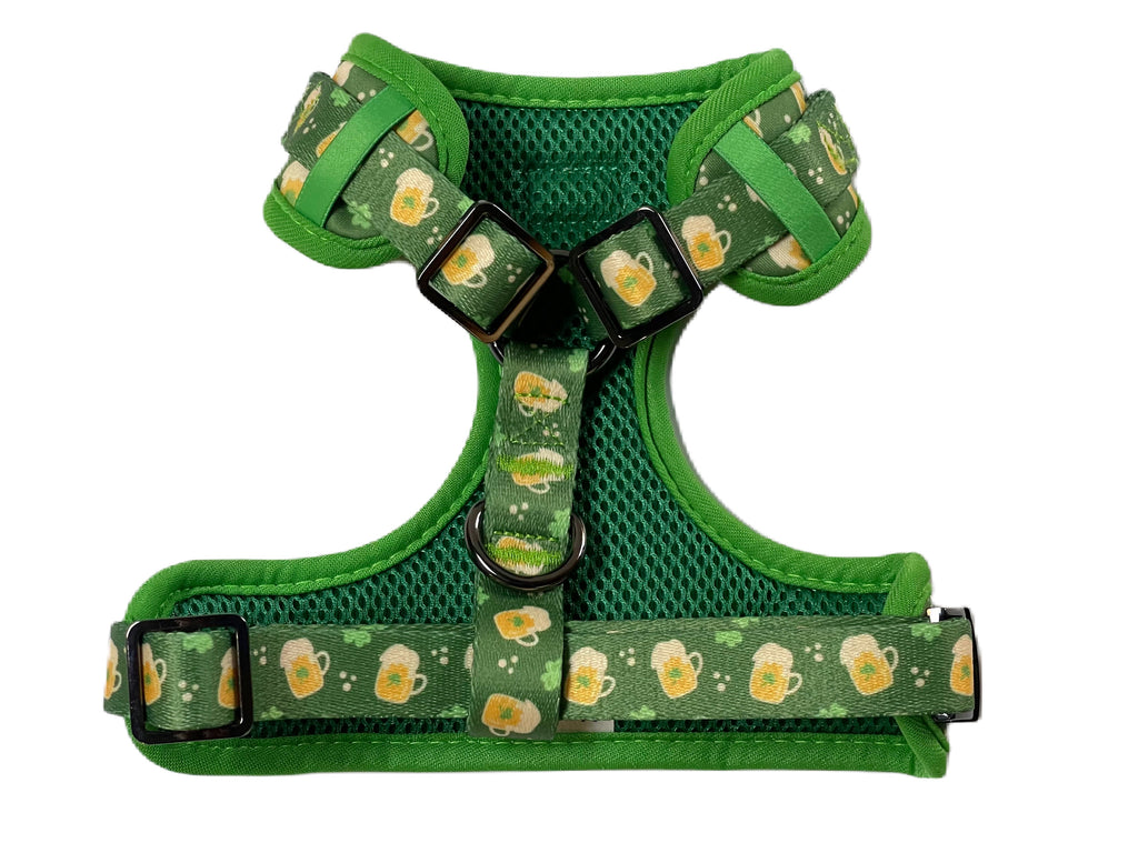 back of adjustable green irish beer mug harness vest for puppy dogs with metal hardware for secure dog walks