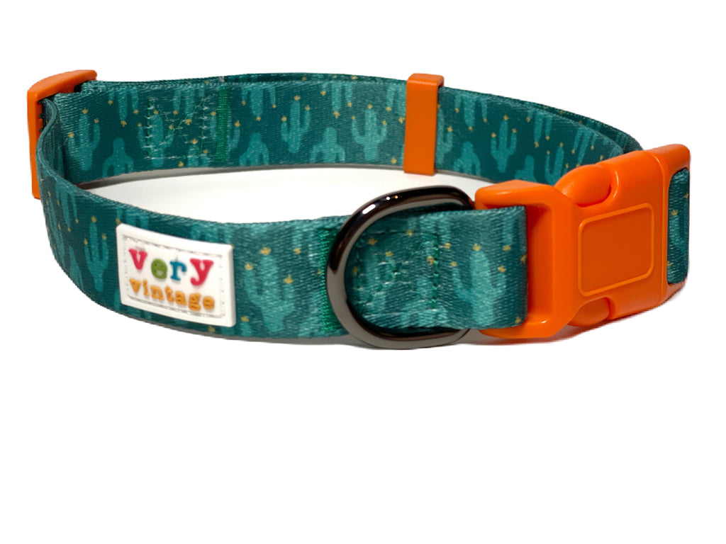 eco-friendly green cactus dog collar with orange slider and buckle