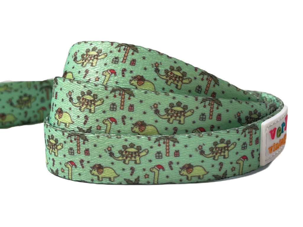 light green with christmas dinosaur pattern dog leash for a cute doggie Christmas gift