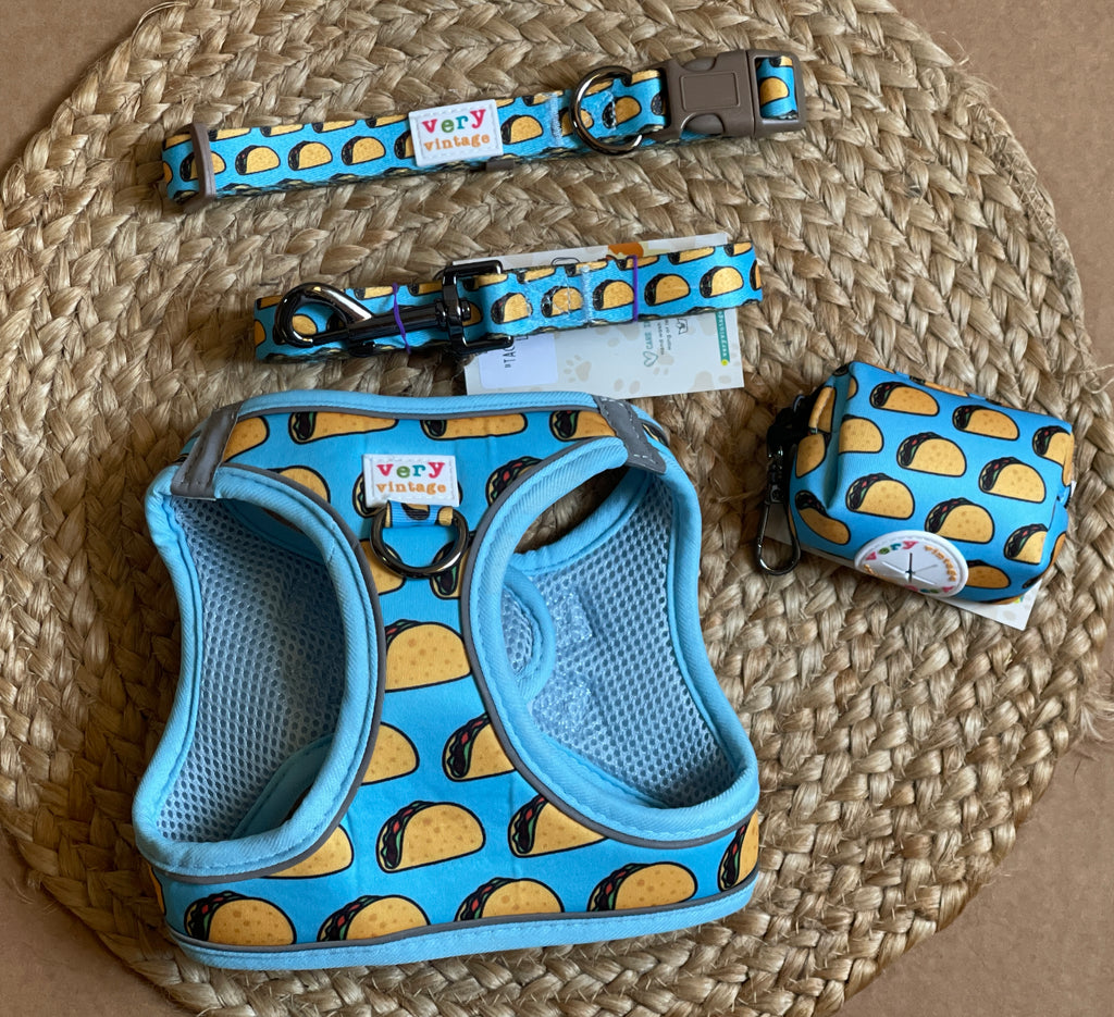 light blue with yellow taco step in small dog harness vest, collar, leash and poop bag bundle 