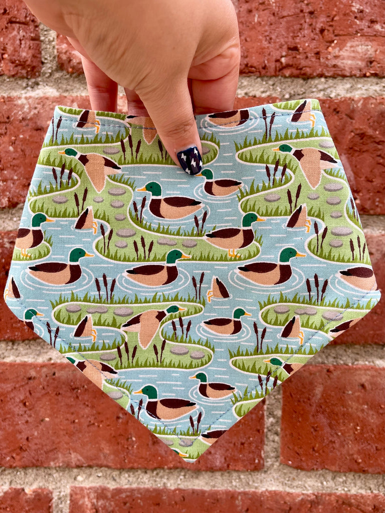 Duck dog bandana with mallard pond print held in front of brick wall background