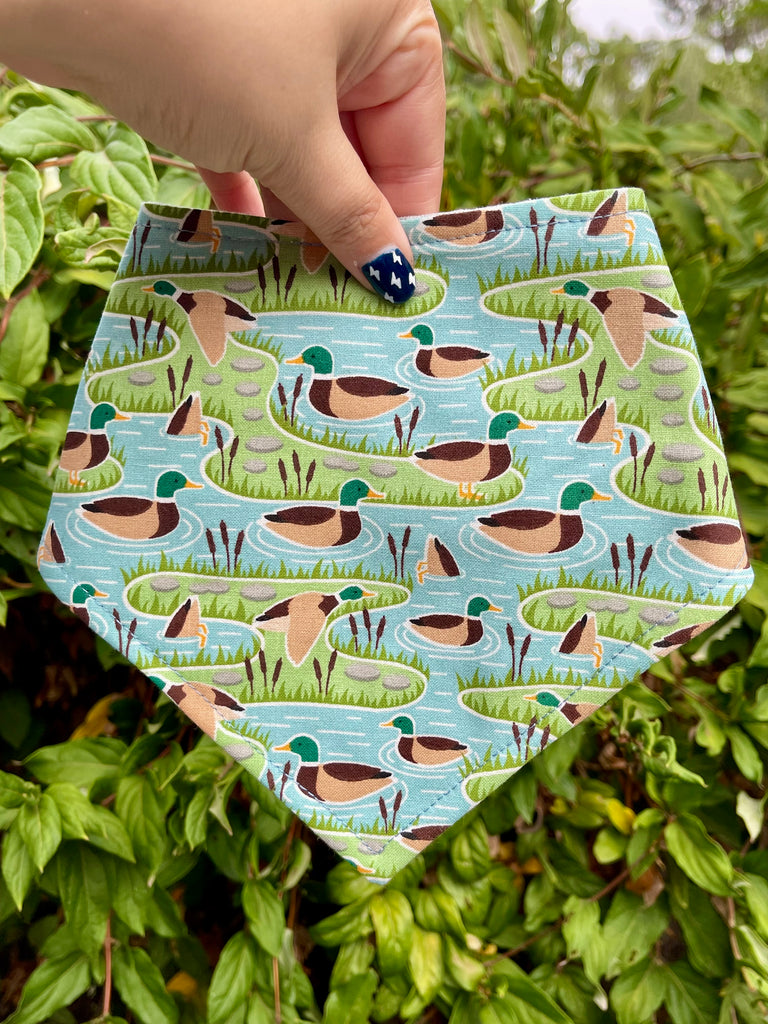Snap-on duck pond bandana held outdoors near green bushes