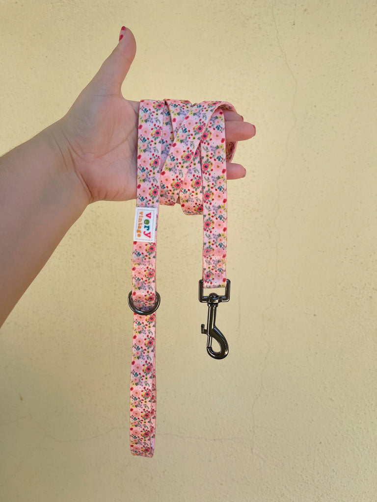 Eco-friendly pink floral dog leash with gunmetal hardware 