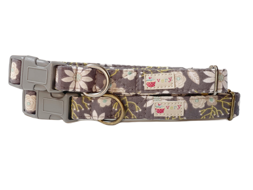 light gray with white flowers and roses organic cotton dog and cat collars