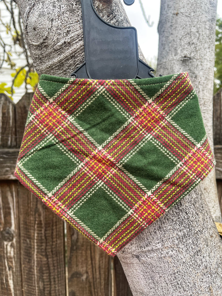 Forest Green and Red Tartan Plaid Dog Bandana, Handmade Organic Cotton, Adjustable, Outdoor Photo