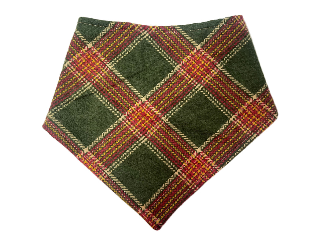 Forest Green and Red Tartan Plaid Dog Bandana, Handmade Organic Cotton, Adjustable