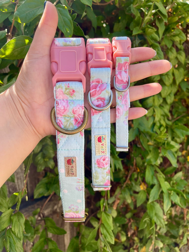 Three floral dog collars in pastel blue with pink roses, shown in hand against green leafy background