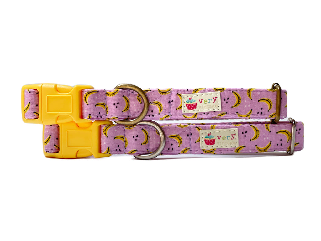 handmade organic cotton dog and cat collars with a light purple with yellow banana pattern