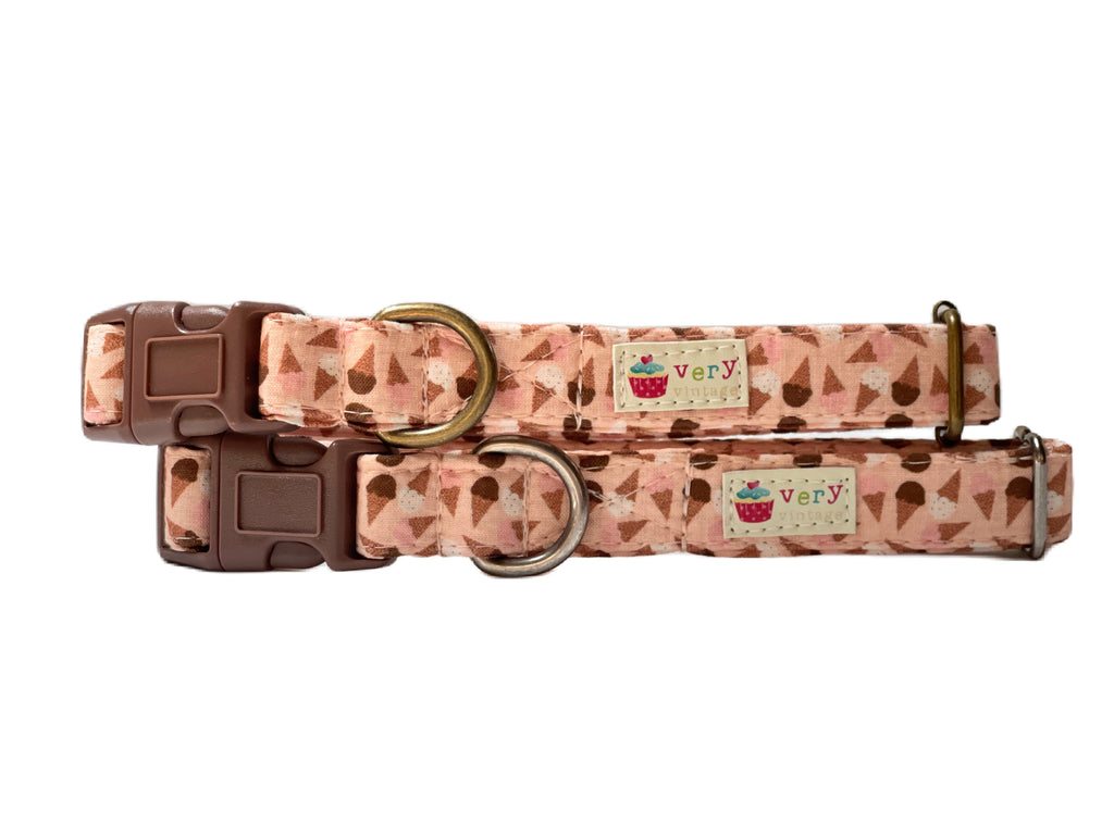 netural background with chocolate, vanilla and strawberry ice cream cones pet collar