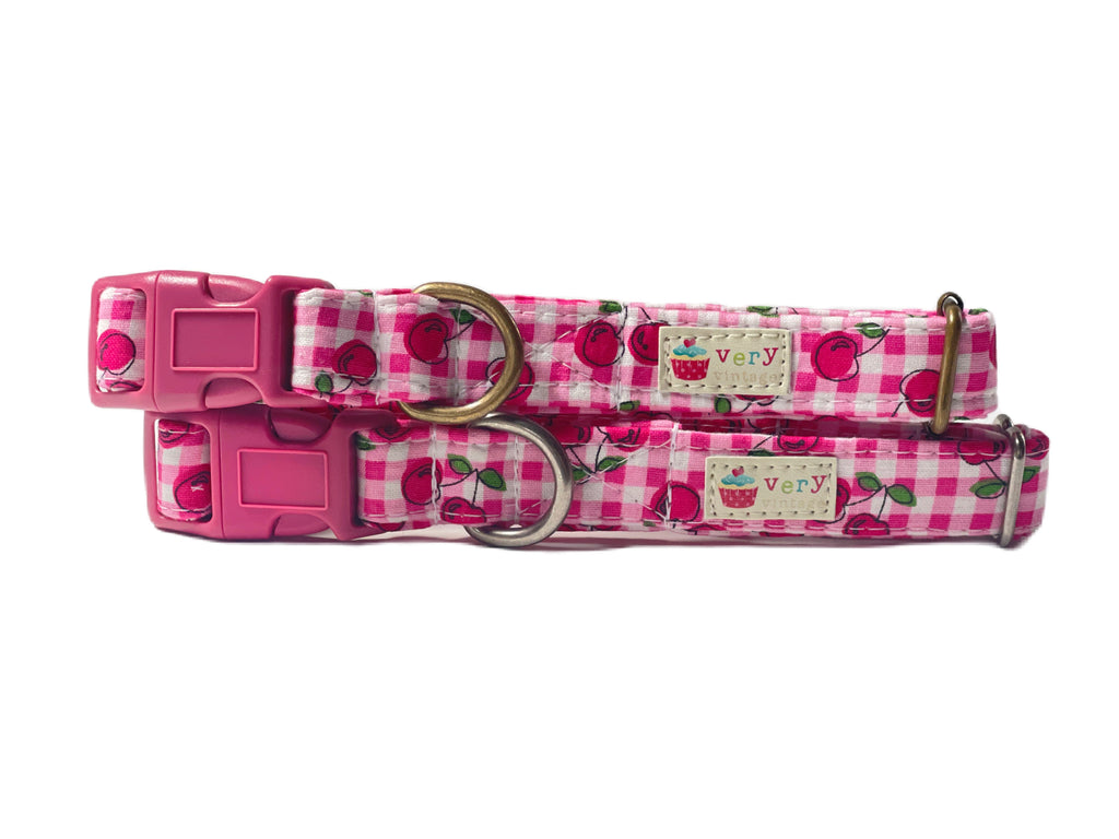 dark bright pink and white gingham plaid with cherries summer collar for dogs and cats
