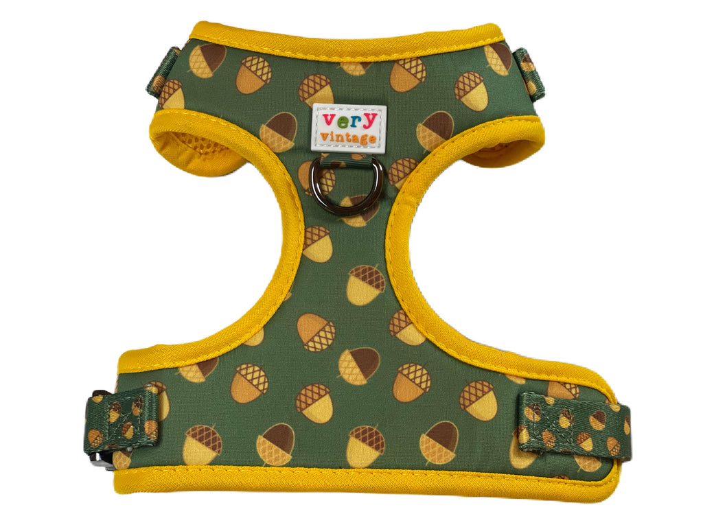 hunter green with brown acorns and yellow trim adjustable designer dog harness vest