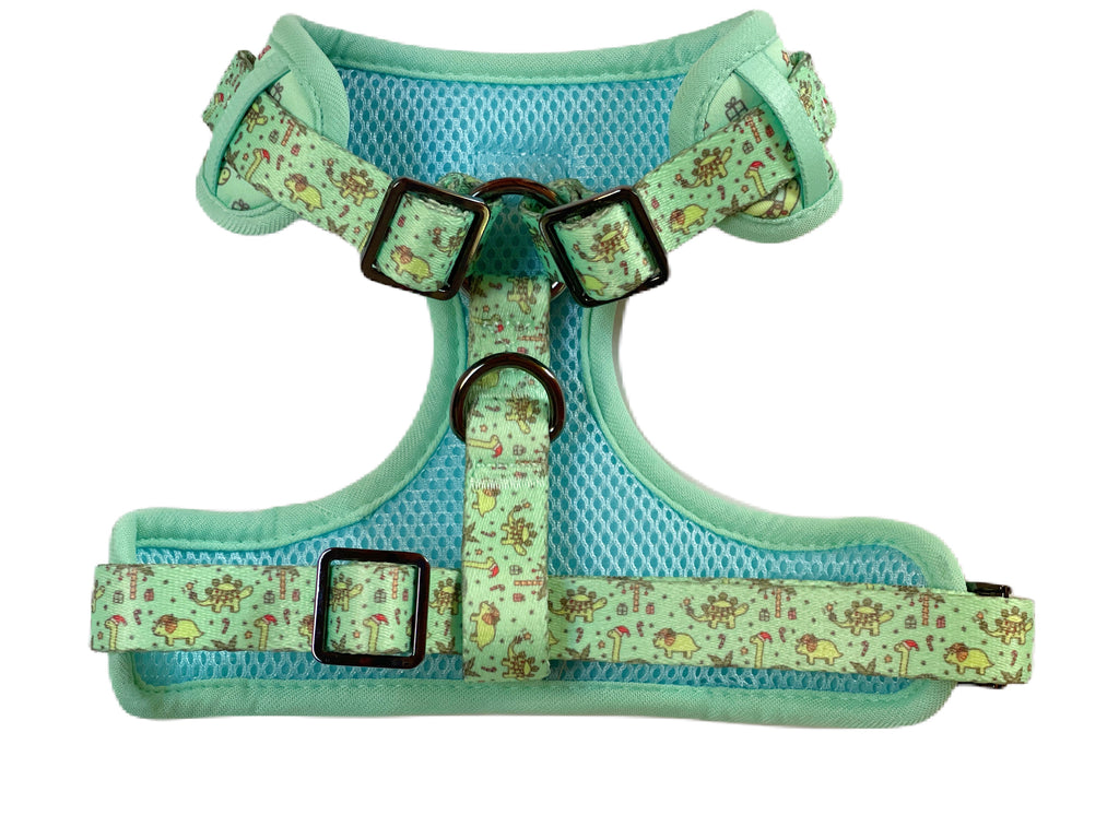 recycled and eco-friendly light green Christmas Dino mesh dog harness