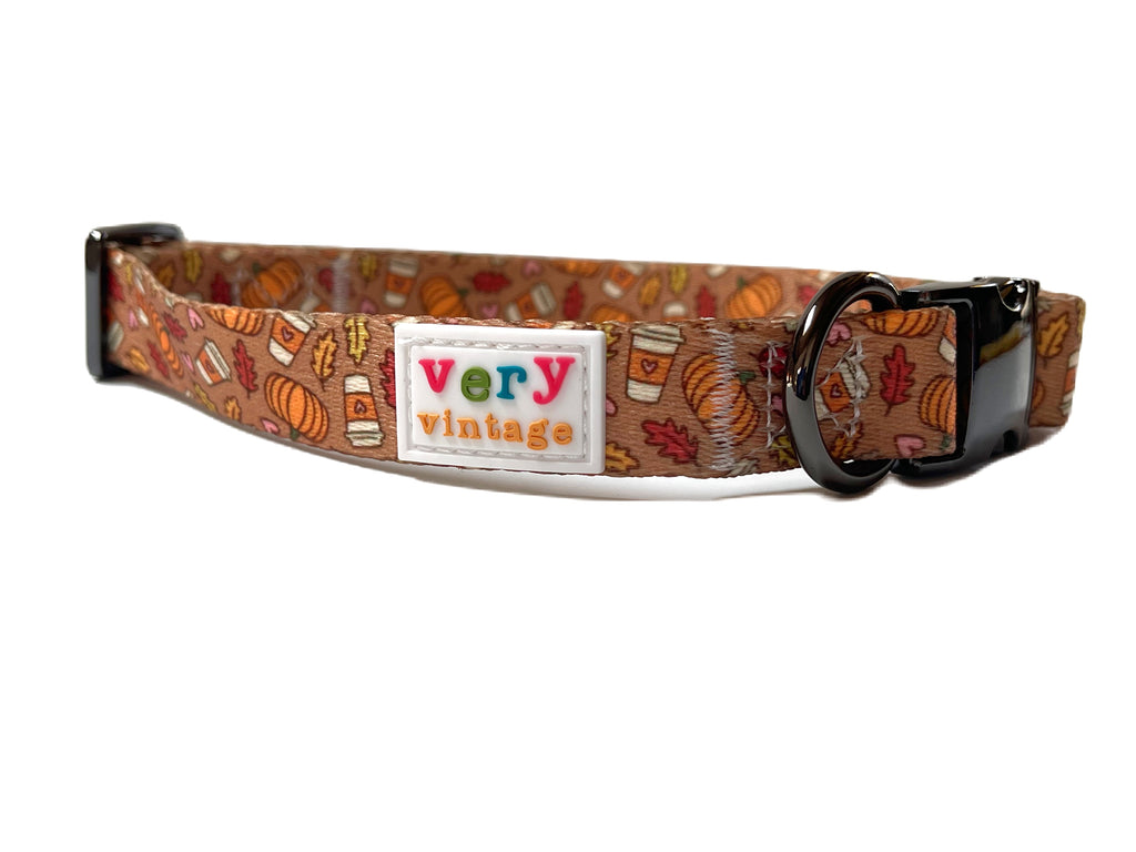 brown recycled nylon dog collar with pumpkins, pumpkin spice lattes and fall leaves