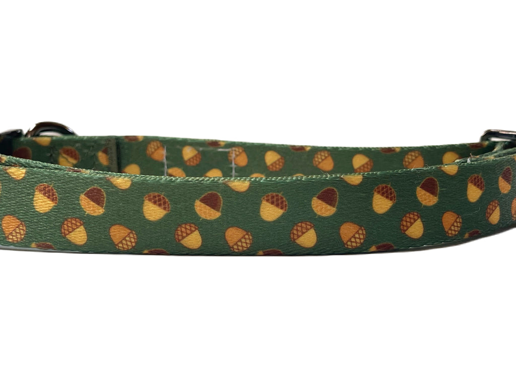 hunter green with brown acorns fall dog collar with metal hardware